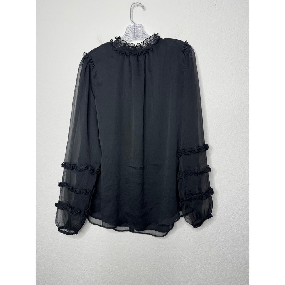 Ann Taylor Black Sheer Ruffle Neck Tiered Sleeve Blouse Top Womens Size LT Tall